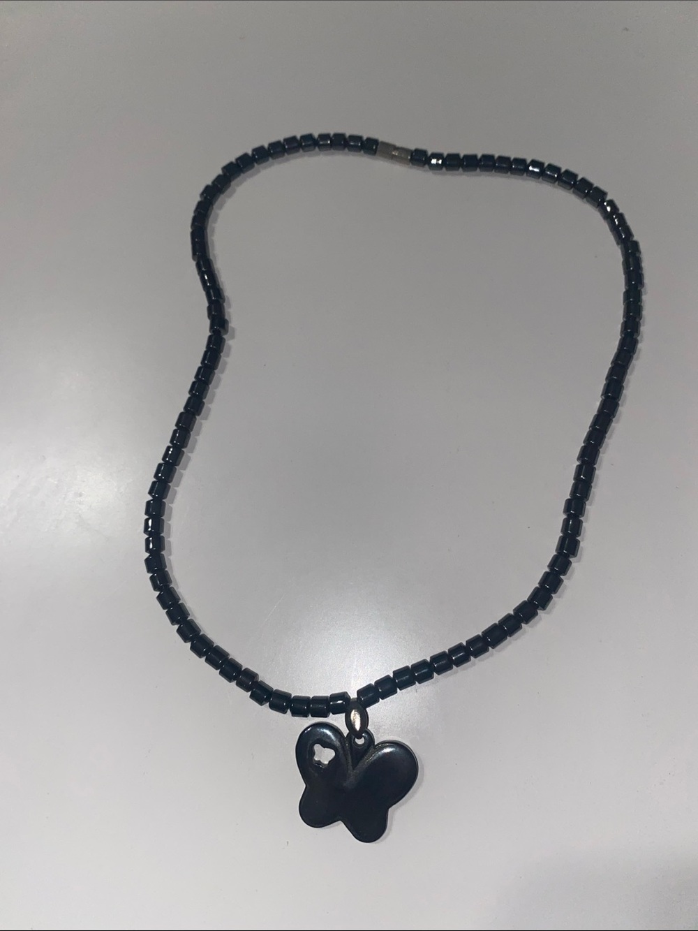 Gunmetal Black Silver Beaded Necklace with Butterfly Pendant